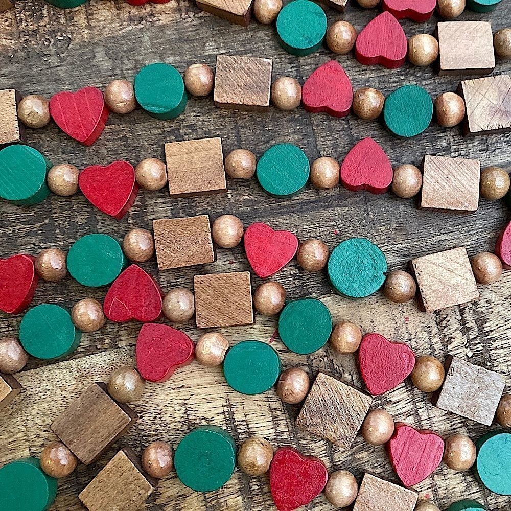 Vintage 9’2” Beaded Garland Red, Green & Natural Wood